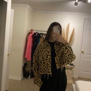 Cheetah print distressed cropped denim jacket
